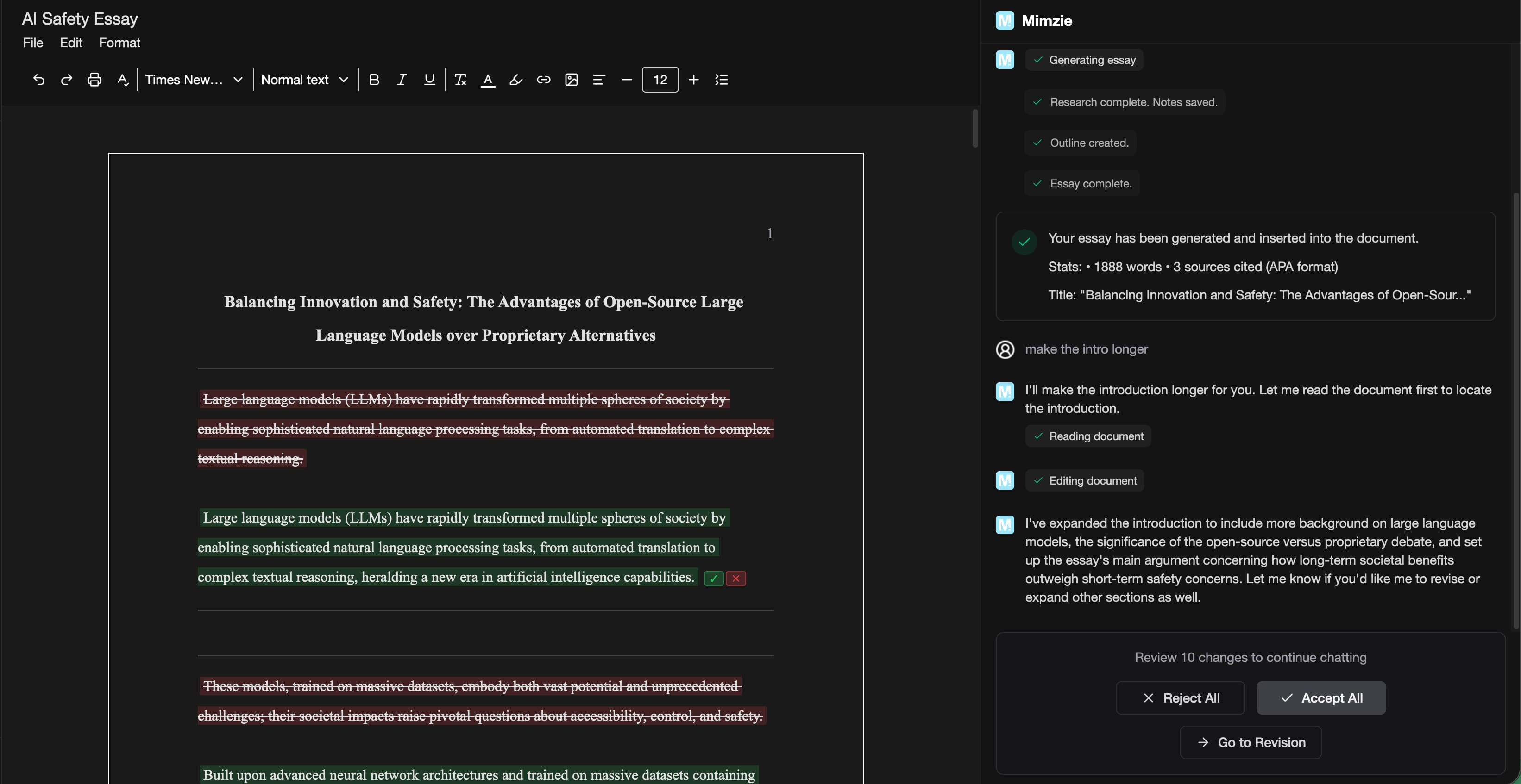 Mimzie Write Editor Interface